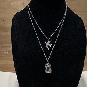 silver tone Multi strand bird cage flying bird pendant necklace Free Uncaged